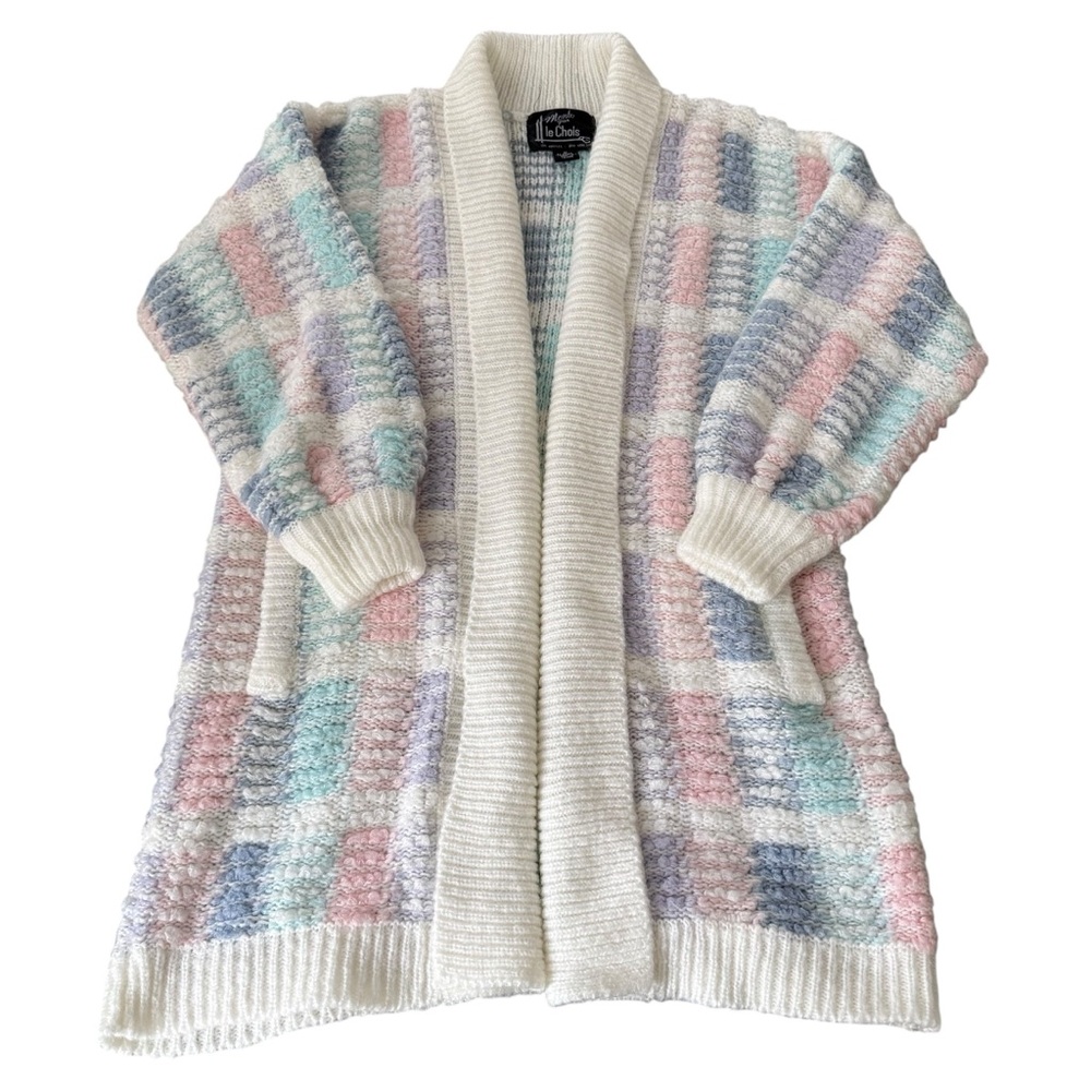 Vintage Pastel Knit Cardigan Sweater Open Front Pocket Soft Cozy Size M
